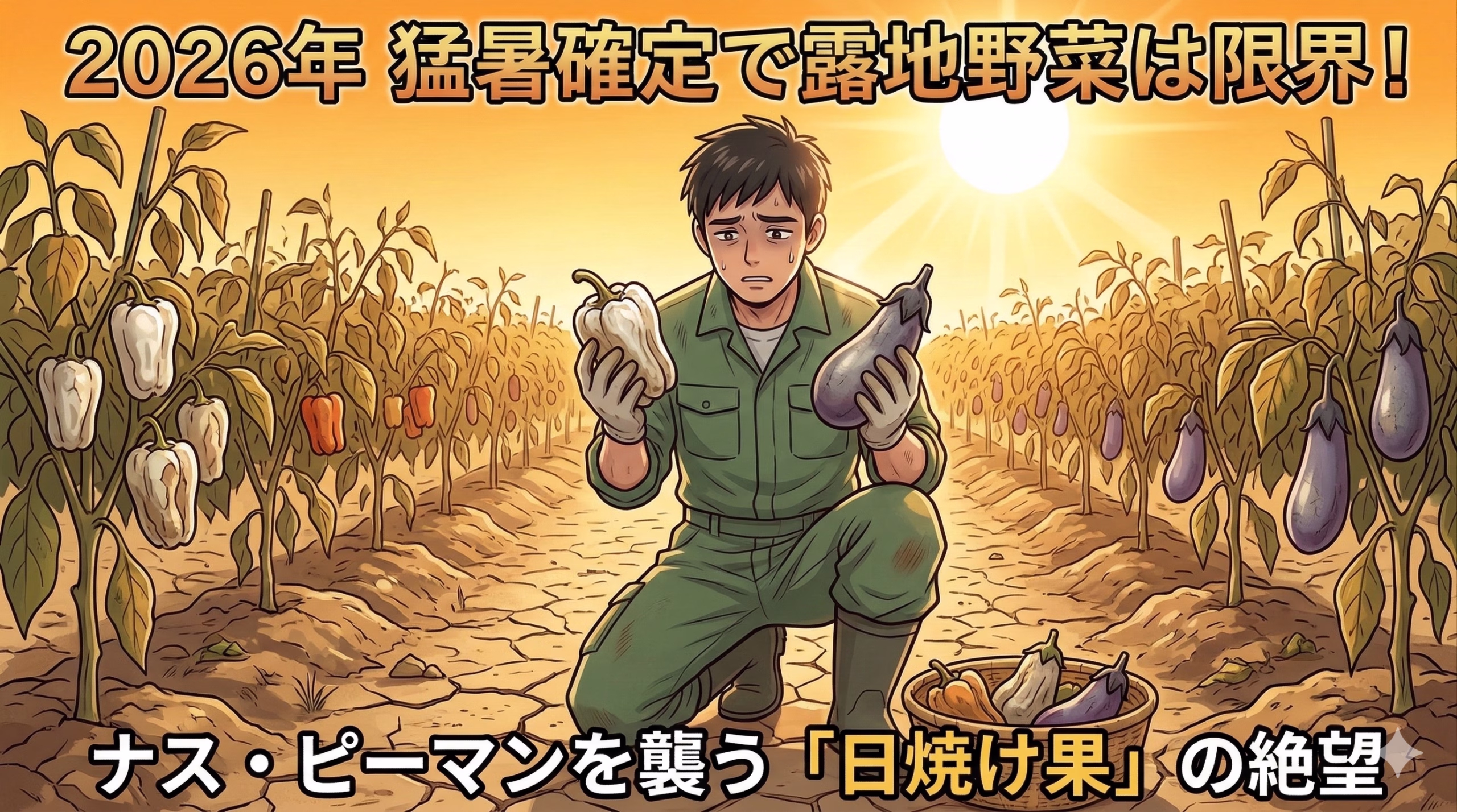 猛暑の中ピーマンと茄子を栽培する農家イラスト