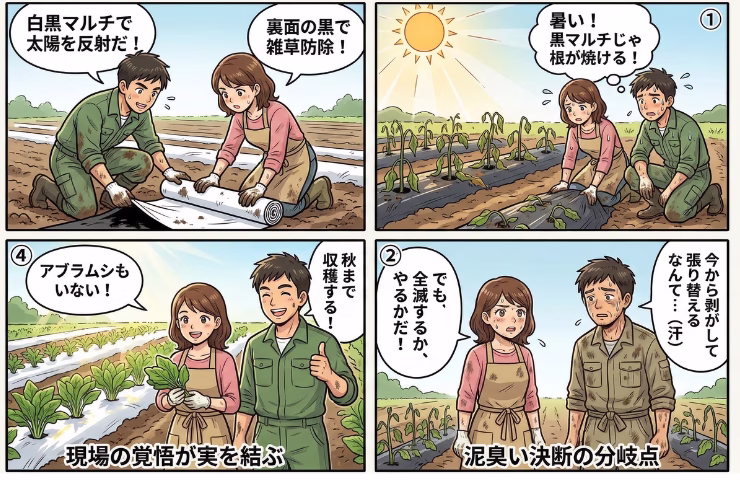 光を反射し熱を逃がす。「白黒ダブルマルチ」や「シルバーマルチ」への切り替え