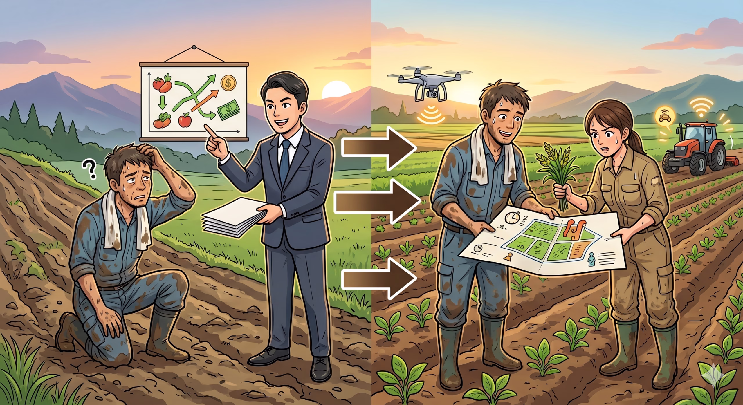 左右で状況の変化を示す対比イラスト。左側では、泥だらけの畑で膝をつき困惑する農家に対し、スーツ姿のビジネスマンが抽象的な利益のグラフを指差し、分厚い書類を差し出している。そこから右へ向かう3本の矢印が描かれている。右側では、同じ農家の男性と女性の作業員が泥だらけになりながら、農場の具体的な区画や計画が記された大きな図面を広げて話し合っている。背景にはスマート農業を示すドローンや自動運転トラクターが稼働しており、抽象的な提案から現場での具体的な実践へと移行している様子が描かれている。