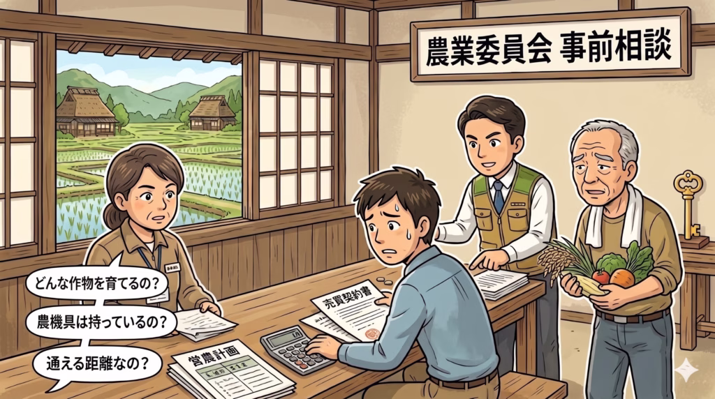 「農業委員会 事前相談」という看板が掲げられた室内での相談風景です。窓の外にはのどかな田園風景が広がっています。テーブルを挟んで、担当者の女性が「どんな作物を育てるの？」「農機具は持っているの？」「通える距離なの？」といった鋭い質問を投げかけています。 手前の買い手の男性は「売買契約書」や「営農計画」を前に冷や汗をかき、困惑した表情です。その後ろでは、ベストを着た不動産の実務家らしき男性が買い手の肩に手を置いてサポートし、右端では野菜を持った年配の農家が心配そうに様子を伺っています。農地転用の手続きや審査の厳しさを表現したイラストです。