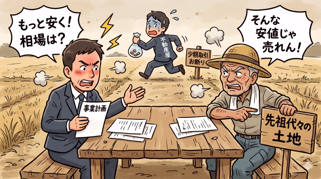 荒れた農地を背景に、木のテーブルを挟んでスーツ姿の男性（買主側）と、麦わら帽子を被った年配の農家の男性が激しく言い争っています。左側の男性は「事業計画」の書類を手に「もっと安く！相場は？」と怒鳴り、右側の農家は「先祖代々の土地」という看板を抱えながら「そんな安値じゃ売れん！」と憤慨しています。 その中央奥では、「不動産屋」と背中に書かれたスーツの男性が、小銭の入った小さな袋を手に、冷や汗を流しながら逃げ出しています。近くには「少額取引お断り」という立て札が立っている、コミカルで緊張感のあるイラストです。