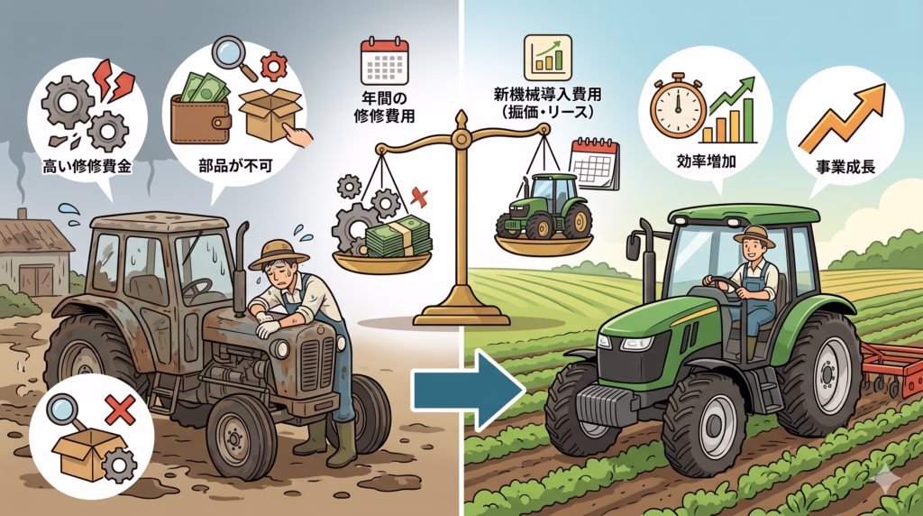 古いトラクターから新しいトラクターへの買い替え（更新）のタイミングを比較検討する図解イラスト。左側には、泥だらけの古いトラクターに寄りかかり汗を流して疲弊する農家の姿があり、「高い修繕費金」「部品が不可」という吹き出しと共に、壊れた歯車や部品調達に苦労するアイコンが描かれている。 中央には天秤があり、重く沈んだ左の皿には「年間の修繕費用」（壊れた歯車と札束）、軽く上がった右の皿には「新機械導入費用（据価・リース）」（新しいトラクターとカレンダー）が乗っており、維持費が導入費を上回っている状態を示している。 右側には、青空の下、新しい緑色のトラクターを笑顔で運転する農家の姿があり、「効率増加」「事業成長」という吹き出しとアイコンが描かれている。 全体として、左から右へ大きな青い矢印が引かれ、古い農機によるコスト増から、新機導入による効率化への移行を表現している。