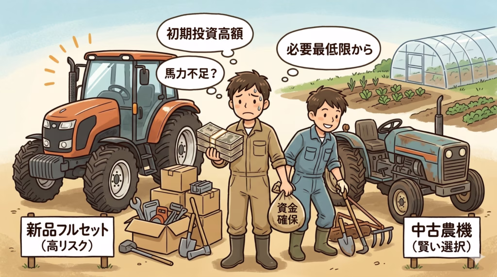 2人の新規就農者の農機具選びを左右で対比したイラスト。左側には「新品フルセット（高リスク）」の立て札があり、ピカピカの赤い大型トラクターと新品の道具が入った段ボール箱を前に、分厚い札束を抱えて不安そうに汗をかく男性が描かれている。男性の頭上には「初期投資高額」「馬力不足？」という吹き出しがある。右側には「中古農機（賢い選択）」の立て札があり、年季の入った青いトラクターと鍬（くわ）などの手農具の横で、「資金確保」と書かれた袋を持ち笑顔で立つ男性が描かれている。こちらの男性の頭上には「必要最低限から」という吹き出しがあり、背景には畑とビニールハウスが見える。