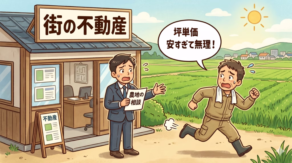田園風景の中にある「街の不動産」という看板の小さなお店の前で、作業着姿の農家の男性が「坪単価安すぎて無理！」と叫びながら、青ざめた表情で走り去っています。その横では、スーツを着た不動産会社の男性が「農地の相談」と書かれた紙を手に、困惑した表情で立ち尽くしている様子を描いたイラストです。