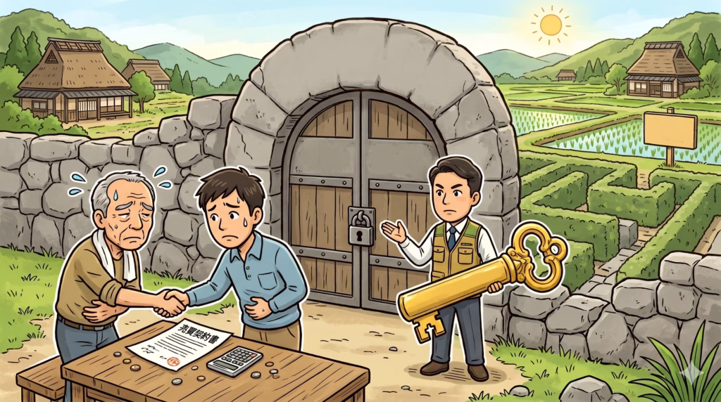 田園風景の中、手前の木製テーブルで年配の農家と若い男性が「売買契約書」に署名を終え、冷や汗を流しながら固い握手を交わしています。彼らの後ろには、巨大な石造りの門があり、頑丈に南京錠がかけられています。その門の横では、作業服を着た不動産業者の男性が、巨大な金の鍵を手に持ち、門を指し示しています。門の向こう側には、背の高い生垣でできた巨大な迷路が広がり、その先に見える田畑へのアクセスを阻んでいる様子を描いた、問題解決へのハードルを表現したコミカルなイラストです。