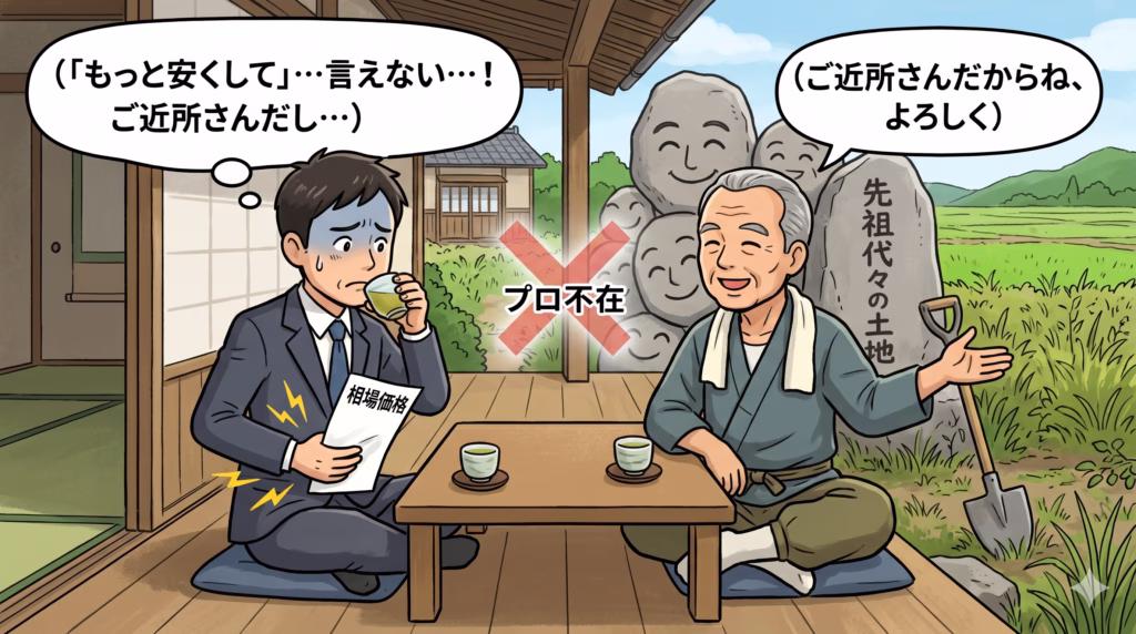 古民家の縁側で、スーツ姿の若い男性と、笑顔の年配農家が対峙しています。右側の農家は「先祖代々の土地」と刻まれた巨大な石碑を背に、「ご近所さんだからね、よろしく」とプレッシャーをかけながら右手を差し出しています。その後ろには、笑顔で見守る近隣住民たちを象徴する石像が積み重なっています。 対する左側の男性は「相場価格」と書かれた資料を手に、お茶をすすりながら青ざめた表情で「『もっと安くして』…言えない…！ご近所さんだし…」と葛藤しています。二人の間には、第三者の仲介がいないことを示す「プロ不在」という文字に大きな赤いバツ印が重なっている、心理的な交渉の難しさを描いたイラストです。