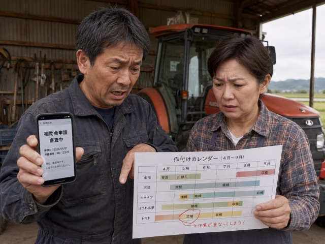 トラクターガレージで、作付けカレンダーと補助金待ちのスマホ画面を見ながら焦っている日本の農家。