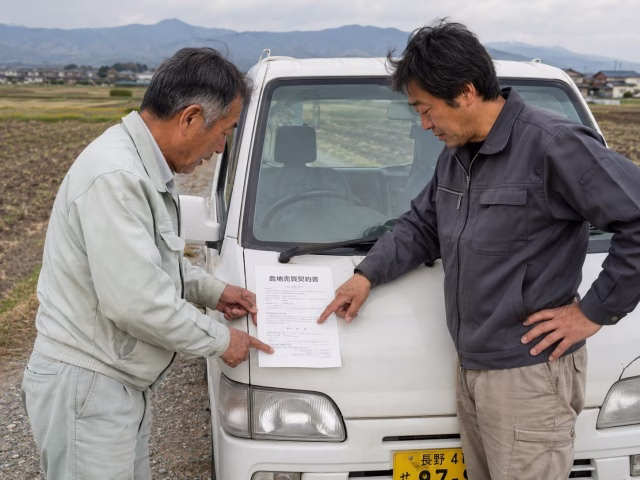 軽トラックの上で農地売買契約書を確認しながら話し合う2人の農家