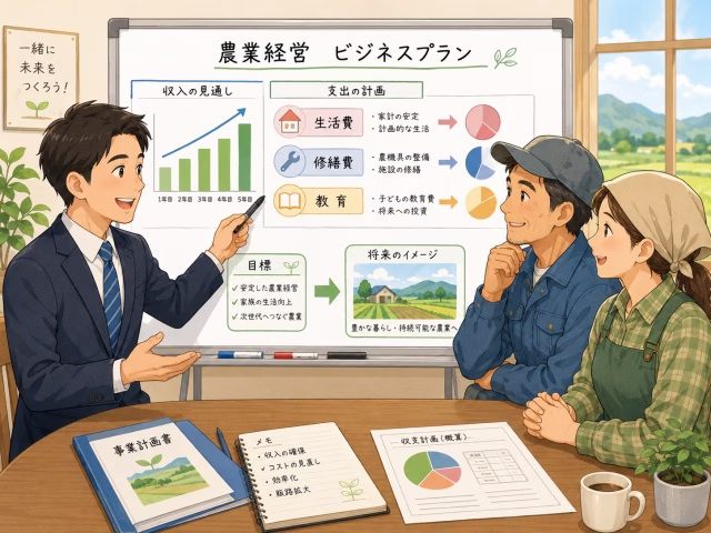 就農資金と生活費のシミュレーションをプロの相談員と一緒に確認する様子
