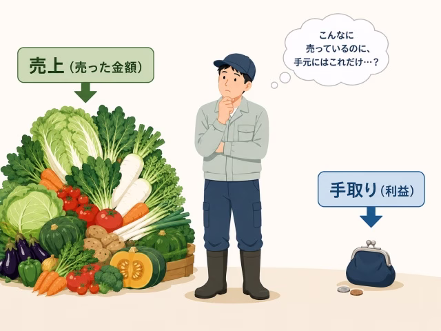 売上と手元に残る所得の違いに悩む農家のイラスト