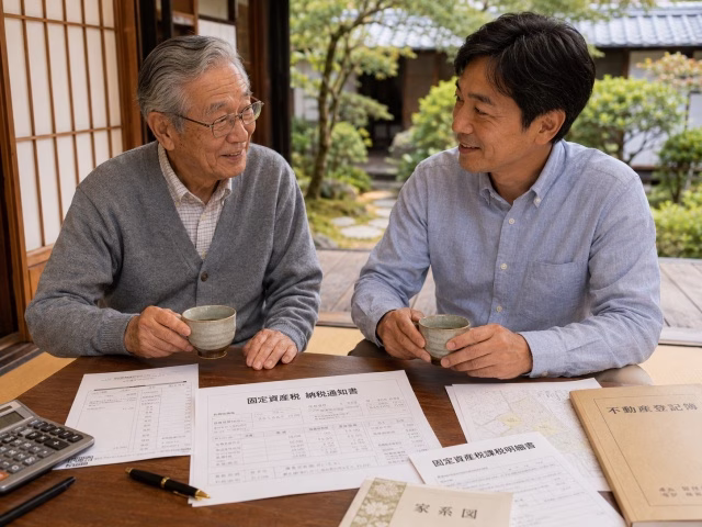 縁側で農地の今後について話し合う親子