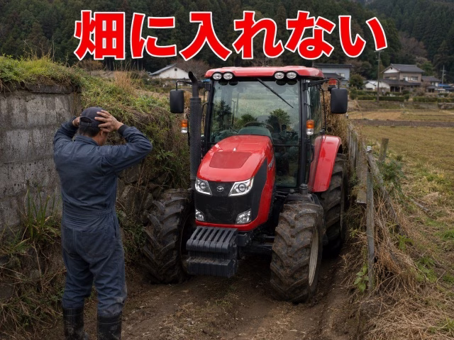 畑の狭い進入路に入れず立ち往生している大型トラクターと悩む農家