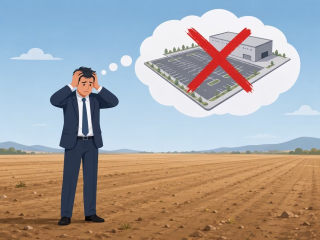 広い農地を前に、事業用地としての活用ができず頭を抱える経営者のイラスト