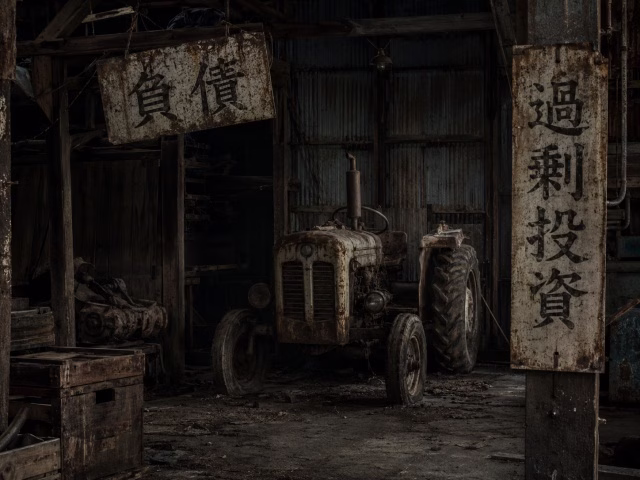 薄暗い倉庫で埃をかぶったまま放置され、サビが目立つ古いトラクター。画像内に日本語で「負債」「過剰投資」の文字。
