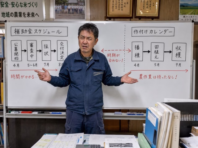 「補助金スケジュール」と「作付けカレンダー」が噛み合わない様子を、ホワイトボードの前で混乱している日本の農家が示している。
