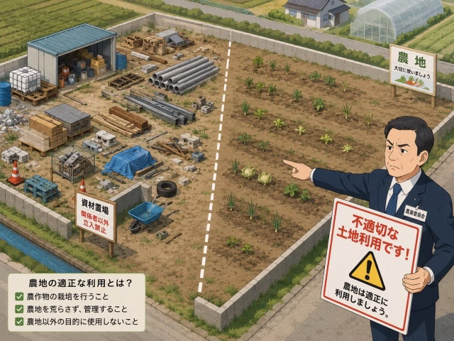 資材置き場と中途半端な畑が混在する農地に対し、農業委員会が不許可の判定を出しているイラスト