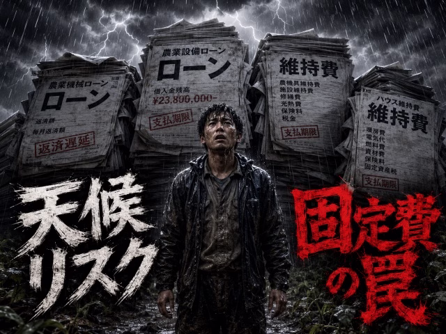 ゲリラ豪雨の中で立ち尽くす農家と、その背後に迫る「ローン」「維持費」と書かれた巨大な書類の束。画像内に日本語で「天候リスク」「固定費の罠」の文字。