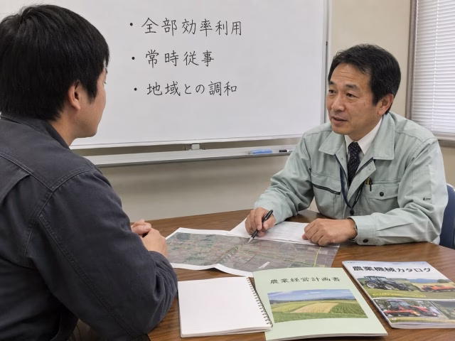 農地法3条の3つの許可要件を相談室で確認している場面