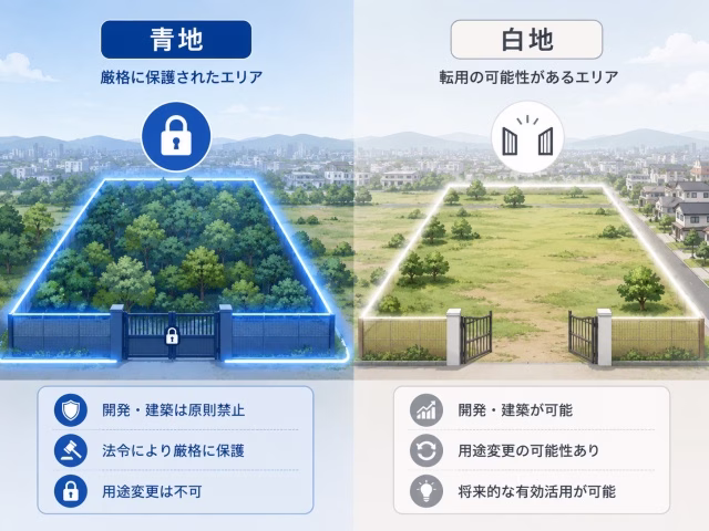 厳重に守られた青地と、転用の可能性が残る白地の違いを表した図解
