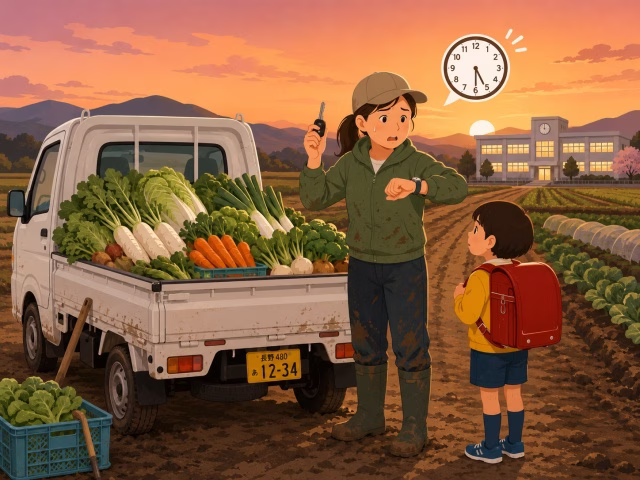 収穫作業のピークと子供のお迎え時間が重なり、焦燥する農家