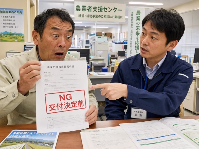 補助金窓口で、交付決定前の契約書を手に持ち、職員から注意されている日本の農家。契約書には「NG 交付決定前」の日本語スタンプ。