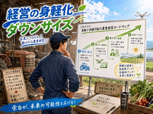 古い農機具の前で、若い農家の後継者が身軽な経営へ向かうロードマップを見ているイラスト。画像内に日本語で「経営の身軽化」「ダウンサイズ」の文字。