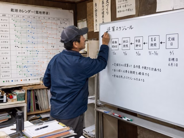 ホワイトボードに、作付け時期と補助金申請日、納期を、逆向きの矢印で書き込んでいる日本の農家。