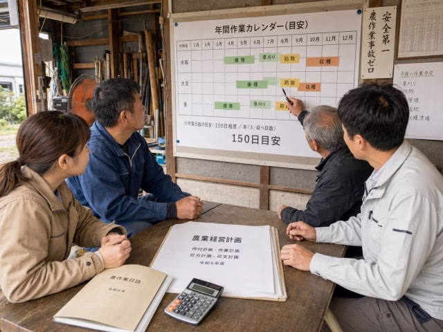 年間作業カレンダーを使って農作業常時従事要件を確認している場面