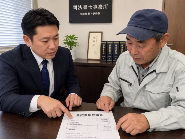 専門家と登記費用について打ち合わせをする農家