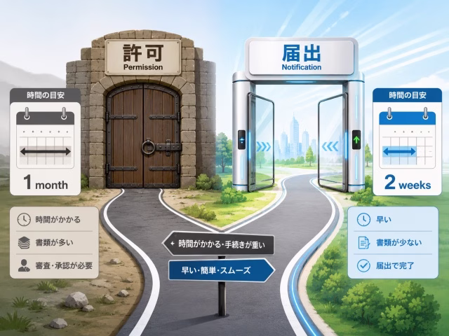 手続きに1ヶ月以上かかる「許可」と、短期間で進む「届出」のスケジュールの違いを示す図解