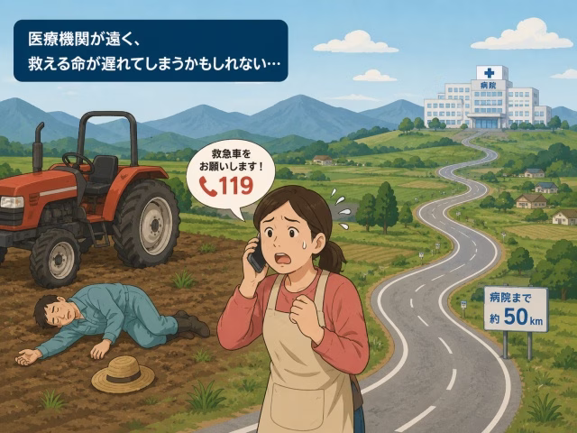 農地での事故発生時、病院が遠く救急搬送に時間がかかるリスク