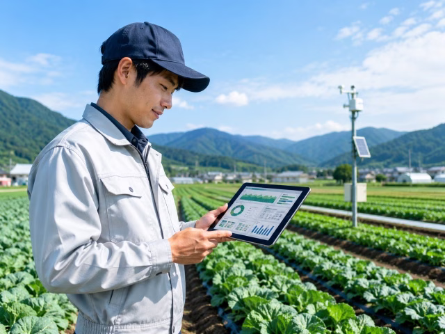 畑でタブレットを開き、データを見ながら経営判断をする現代の農家