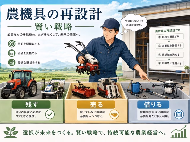 「残す」「売る」「借りる」と日本語で書かれた3つの箱に農機具を仕分けている農家のイラスト。画像内に日本語で「農機具の再設計」「賢い戦略」の文字。