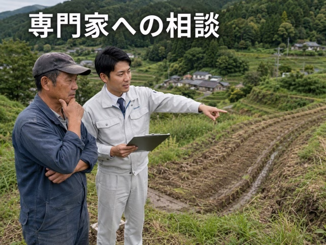 条件の厳しい畑を前に、農機屋や専門のアドバイザーに事業相談をしている農家