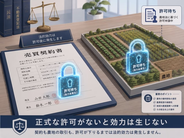契約書にサインしても、許可がなければ農地の権利は動かないことを示すロックされた書類のイラスト