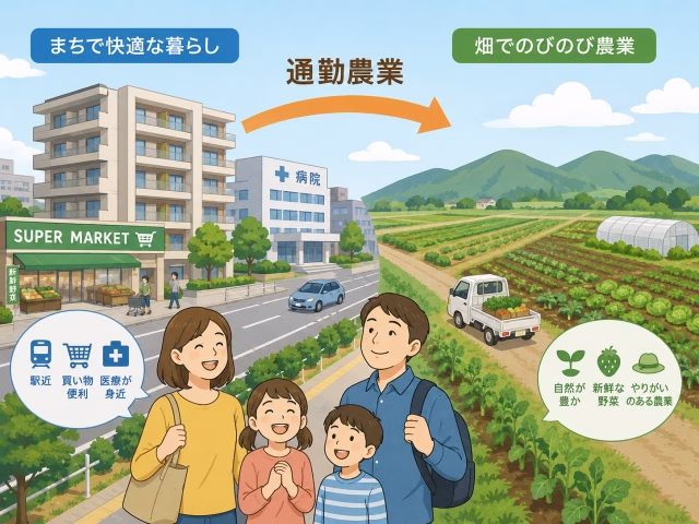 市街地の賃貸アパートを拠点にして農地へ通う二段階移住のイメージ