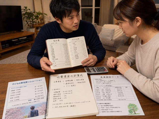 家のリビングで、家計簿と電卓を前に真剣な表情で家族（妻）に就農後の資金計画を説明する男性。デスクの上には将来の計画表もある。