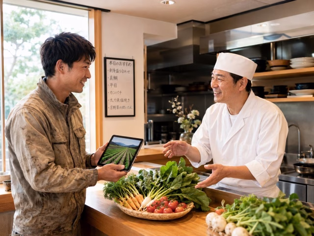 農家がタブレットを見せながら飲食店のシェフと笑顔で直接商談している様子
