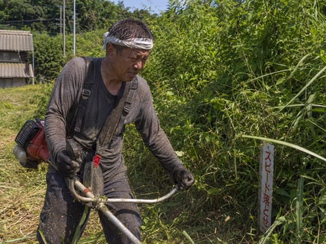 炎天下で草刈りに追われ疲労する男性