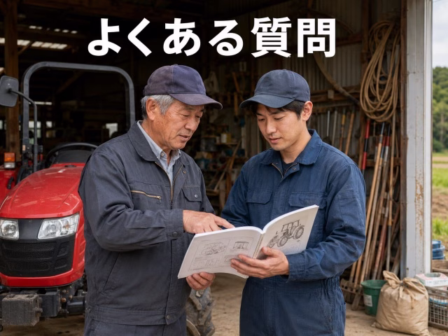 トラクターの取扱説明書を見ながら物理的条件や安全基準について確認し合う農家たち