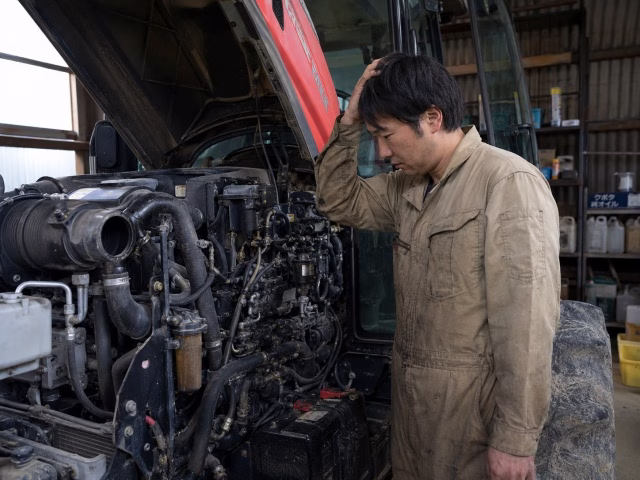 複雑なエンジン内部を見て困惑している男性