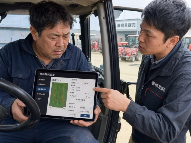 トラクターの運転席で、タブレットで自動操舵の設定に苦戦している日本の農家と、横で説明している販売店員。