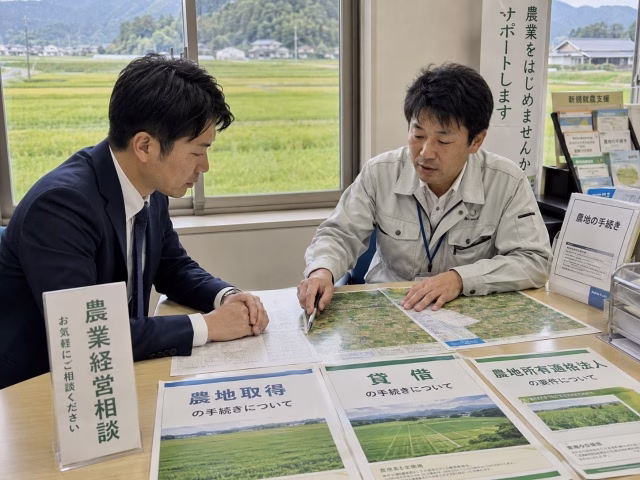 法人担当者が農地取得と貸借の違いを相談している場面