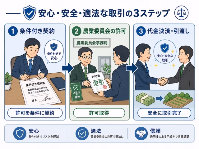 停止条件付き売買契約を結び、許可が下りた後に決済へ進む安全な取引フローの図解