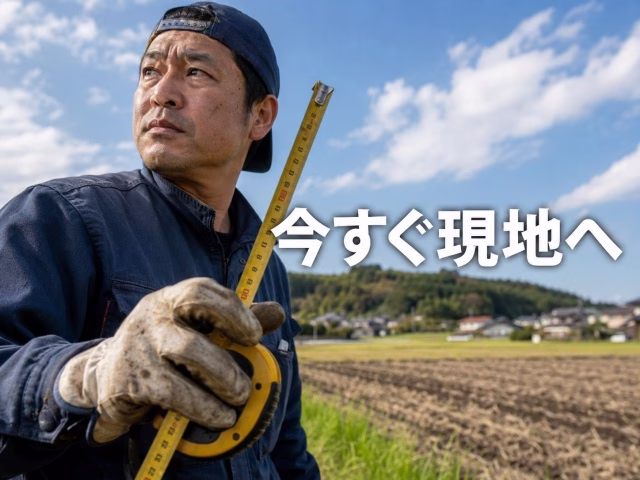 メジャーを握りしめ、今すぐ畑の計測に向かおうとしている農家の手元