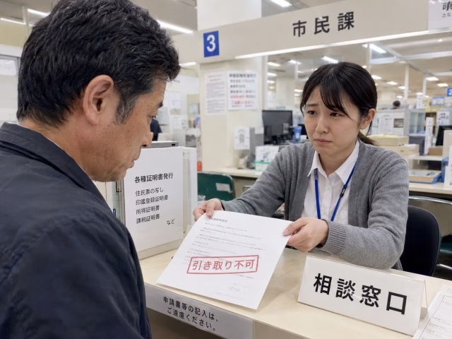 役所の窓口で農地の寄付を断られる様子
