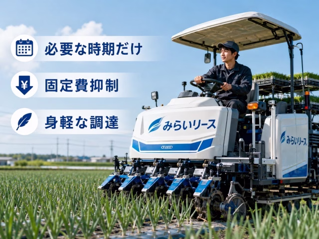 リース会社の日本語ロゴが入った新しい農機具を運転し、繁忙期の畑で活躍する農家。画像内に日本語で「必要な時期だけ」「固定費抑制」「身軽な調達」の文字。