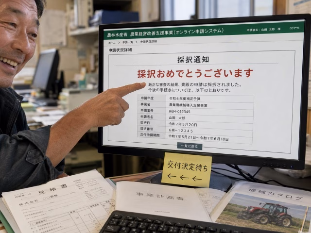 パソコン画面の補助金申請システム(採択通知)を見て喜ぶ日本の農家と、その横に置かれた「交付申請書」「交付決定待ち」の付箋。