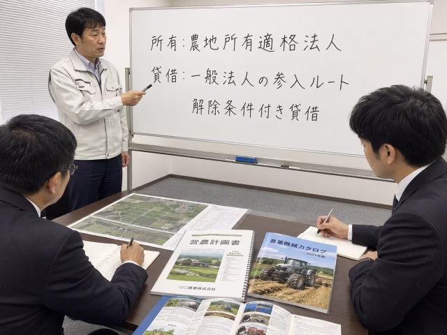 一般法人と農地所有適格法人の違いをホワイトボードで説明している場面