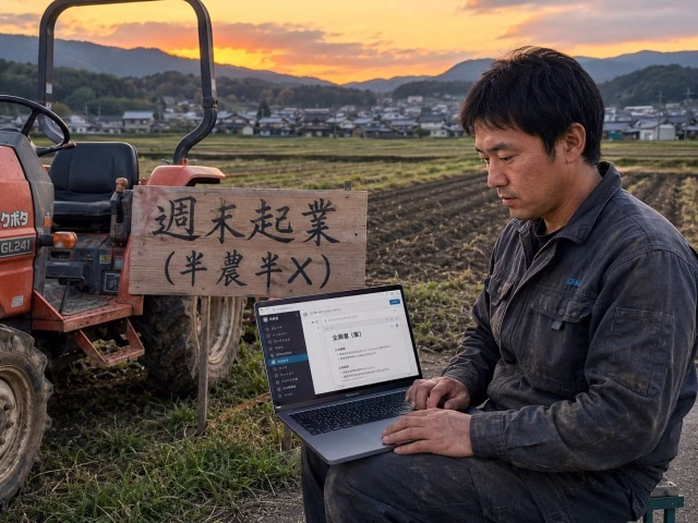 夕暮れ時の畑で、農作業を終えた男性がトラクターの傍らでノートパソコンを開き、リモートワーク（副業）をしているシーン。畑には「週末起業（半農半X）」の看板がある。